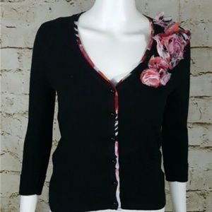 White House Black Market Black Cardigan Sweater with Floral Detailing